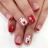 Christmas Short Square Fake Acrylic Nails with Red French Tip, Snowflake Designs, and Winter Xmas Nail Art for Women and Girls