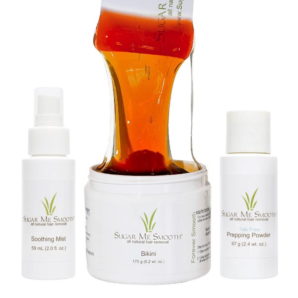 Sugar Me Smooth Bikini Sugar Wax Kit – Gentle On Skin And Less Painful Hair Removal In A Simple System For At-Home Brazilian, No Strips, No Heat, Water Soluble All-Natural Solution For All Hair Types