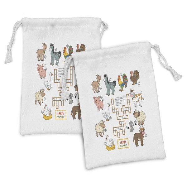 Ambesonne Game Fabric Pouch Set of 2, Nature Theme for with Different Farm Animals and Numbers Cartoon Elements Print, Small Drawstring Bag for Toiletries Masks and Favors, 9" x 6", Multicolor