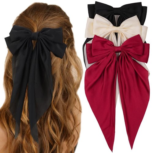 3 Pcs Silky Satin Hair Bows,Red White Black Hair Ribbon for Women Ponytail Holder Accessories (Hair Bows 2)