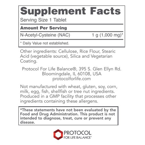 Protocol NAC 1,000mg - N-Acetyl-Cysteine Supplement - Supports Glutathione Production & Respiratory Function* - Amino Acid Supplements - Halal, Dairy- Free, Made Without Gluten- 120 Tabs