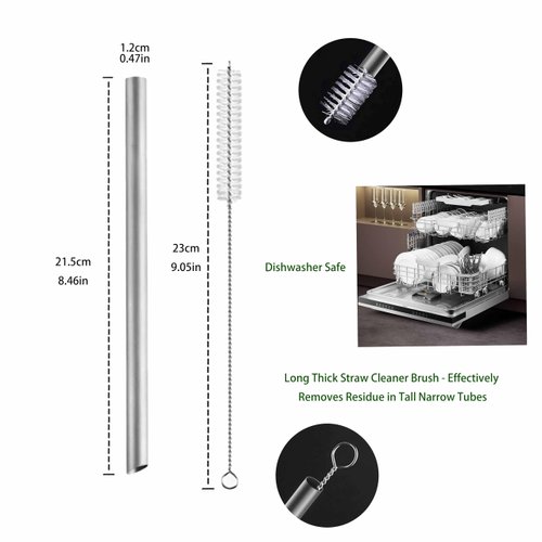 2 PCS Straight Reusable Metal Straws with Cleaning Brush, 0.47'' Extra Wide Straws for Milkshake, Smoothie, Bubble Tea, BPA Free & Eco Friendly,Dishwasher Safe (Titanium 1.2cm)
