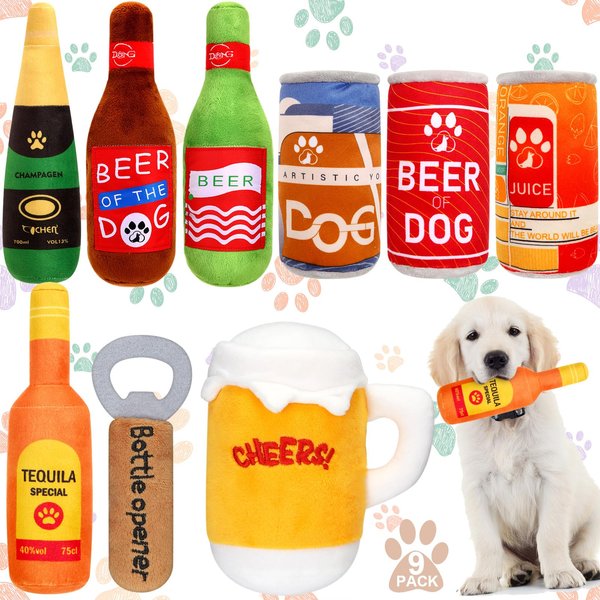 Glimin 9 Pcs Beer Dog Squeaky Plush Toys Set Water Bottle Dog Squeaky Toys Bulk Beer Dog Toys Interactive Funny Dog Toys Puppy Teething Chewing with Squeaker for Small and Medium Dog Training Teeth