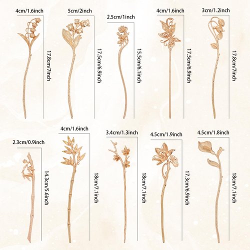 Lawie 10 Pack Gold Hair Sticks Flower Leaf Decorative Metal Long Hair Pins Bun Holders Chopsticks for Hair Chinese Hanfu Costume Retro Vintage Fancy Headpieces Accessories for Women Girls
