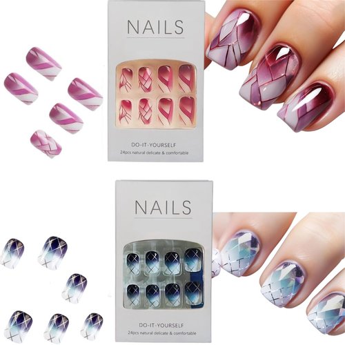 Eitonbu 2 sets 48 pcs Crack Gradient pattern French Square Press on Nails,Fake Nails with Nail Glue,Stick Glue on Nails False Nails Acrylic Nails for Women(Wine Red Gradient，Purple blue Gradient)…