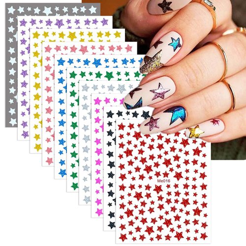 10 Sheets Shiny Star Nail Stickers 3D Self Adhesive DIY Glitter Nail Art Stickers Colorful Stars Nail Decals Glitter Stars Nail Design Stickers for Women Acrylic Nail Art Foil Manicure Decorations