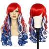 Anogol Hair Cap+80Cm/32Inch American Flag Wig 4th of July Costume Wig Red White and Blue Curly Wig For Party Cosplay Women, Long Red White Blue Wig With Bangs Patriotic Hair Costume Wigs Halloween