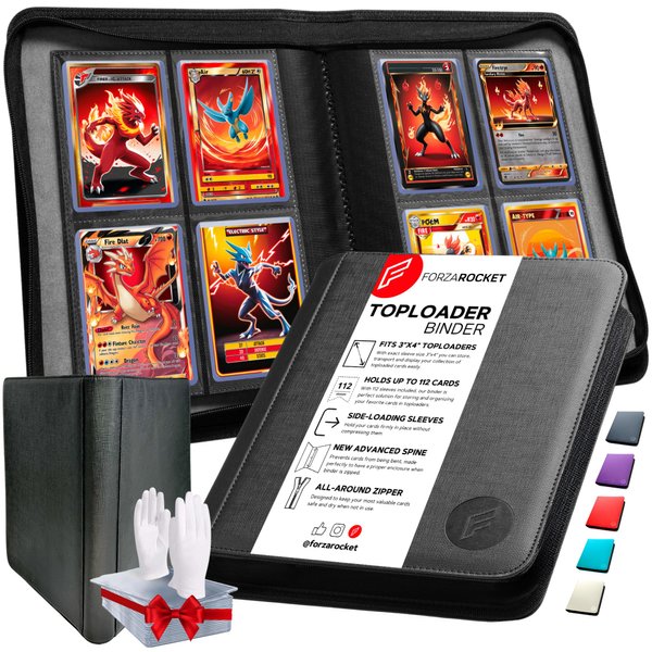 FORZAROCKET 4 Pocket Toploader Binder, Holds 112 Top Loaders, 8 INCLUDED, Waterproof PU Leather, Archival Safe Pockets, Compatible with Sports, Trading Cards in 3"x4" Toploaders (Jeans Black)