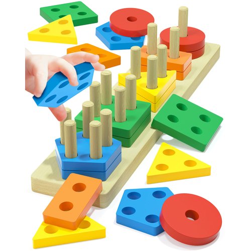 Montessori Toys for 1 2 3 Year Old Boys Girls Toddlers, Wooden Sorting and Stacking Preschool Educational Toys, Color Recognition Stacker Shape Sorter Puzzles