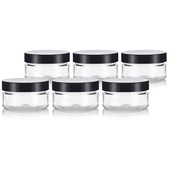 JUVITUS 2 oz / 60 ml Clear PET Plastic Low Profile Jar with Black Smooth Lids 6 Pack I BPA Free Small Refillable Empty Storage Containers