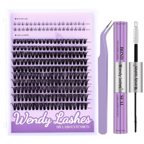 WENDY Lashes Clusters DIY Eyelash Extension Kit - D Curl 50D & Bottom Lashes with Bond and Seal Tweezers Black Cluster Eyelash Extensions Wispy Soft Individual Lashes, Suitable for Beginners, 10-16 MM