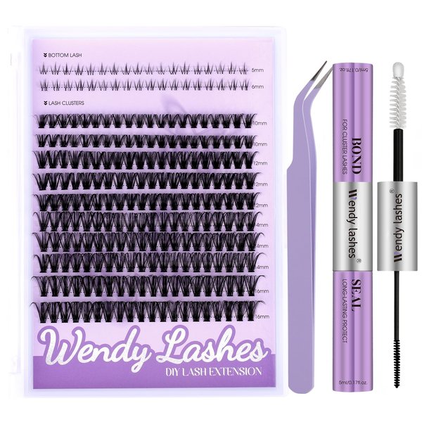 WENDY Lashes Clusters DIY Eyelash Extension Kit - D Curl 50D & Bottom Lashes with Bond and Seal Tweezers Black Cluster Eyelash Extensions Wispy Soft Individual Lashes, Suitable for Beginners, 10-16 MM