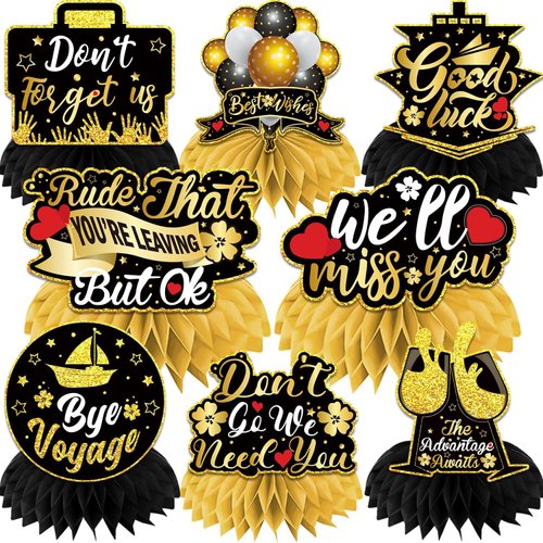 We Will Miss You Decorations Honeycomb Centerpieces, 8Pcs Good Luck Decorations Retirement Centerpieces for Tables, 3D Going Away Party Decorations Centerpieces for Farewell Party Decorations