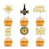 24Pcs Happy New Year Cupcake Topper Glitter Hello 2025 Cake Pick Black Gold Cake Decorations for Welcome 2025 Happy New Year Theme Party Supplies