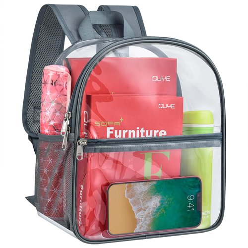 Paxiland Clear Backpack Stadium Approved 12×12×6 with Reinforced and Wider Shoulder Straps, Small Clear Bag for Schools, Concerts, Work, Festivals and Sporting Events - Grey