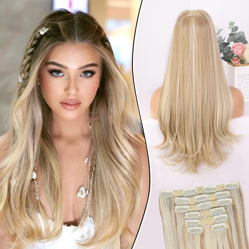 AISI BEAUTY 7PCS Clip in Hair Extensions, 20 Inches Long Straight Layered Hair Extensions Upgrade Soft Lace Weft Lightweight Hair Extensions for Women(Ash Blonde with Platinum Blonde)