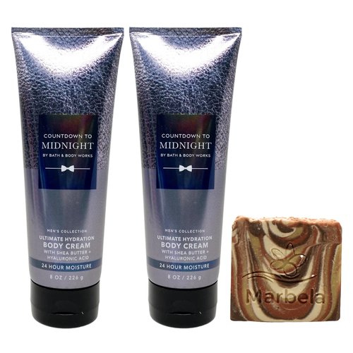 Bath & Body Works Men's Collection Countdown To Midnight Ultimate Hydration Body Cream 2 Pack with a Clay Baby Bar Soap.
