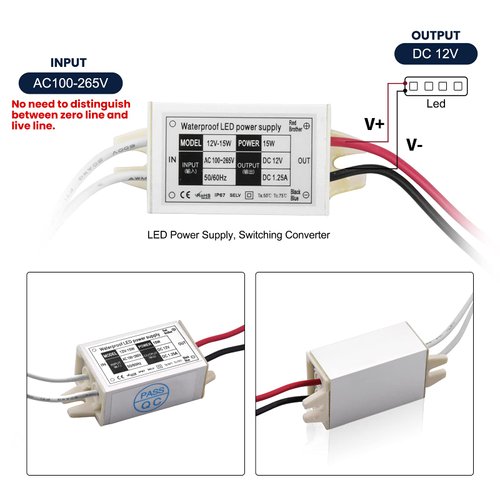 12 Volt LED Power Supply, Klarlight 15W DC 12V Waterproof IP67 LED Driver Transformer, 110V AC to 12V DC Converter for DC 12V Low Voltage Outdoor LED Lights LED Strip Lights CCTV Camera (Pack of 2)