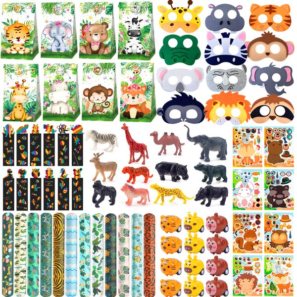 XIPEGPA 88 PCS Jungle Safari Party Favors Set Wild Animals Theme Bags Masks Stickers Slap Bracelets for Birthday Baby Shower Goodie Bag Fillers Jungle Safari Party Supplies
