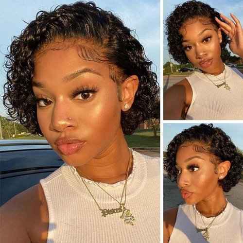 KLAIYI Short Curly Bob Wigs Brazilian Pixie Cut Wigs Human Hair Water Wave 13x1 HD Transparent Lace Front Wigs Jerry Curly Hair for Black Women Pre Plucked with Baby Hair 150% Density Glueless 6 Inch