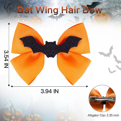Halloween Hair Bow Bat Hair Clips, 2PCS Glitter Bat Wing Hair Bow Clip Handmade Grosgrain Ribbon Bow Hairpin Halloween Hair Accessory for Kids Girls Teens Women Trick or Treat Deco, Orange