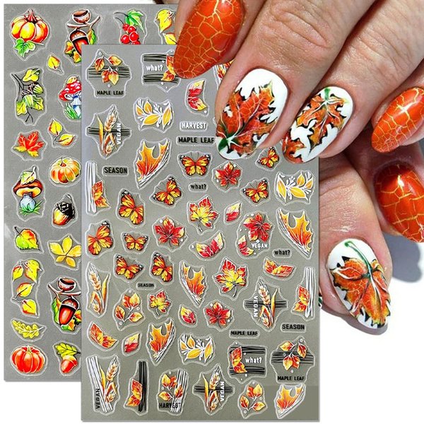 Autumn Maple Leaf Nail Stickers Thanksgiving 5D Nail Art Design Self-Adhesive Supplies Fall Leaves Nail Art Stickers Decals Butterfly Mushroom Nail Applique Accessories Women Nail Supplies 6 Pcs