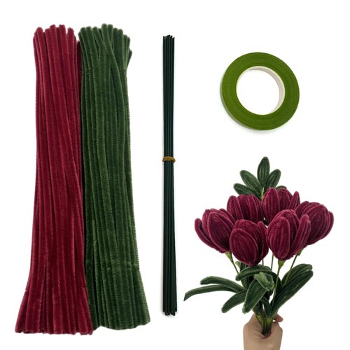 Swpohrat 200 Pieces Craft Pipe Cleaners Flower Kit,Chenille Stem Pipecleaner Set for Craft Tulip Rose Bouquet Making,DIY Projects and Holiday Decorations (Pine Green + Wine Red)