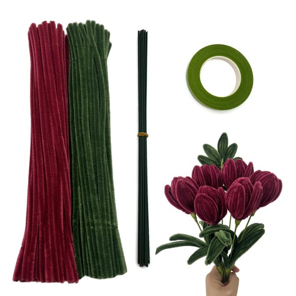 Swpohrat 200 Pieces Craft Pipe Cleaners Flower Kit,Chenille Stem Pipecleaner Set for Craft Tulip Rose Bouquet Making,DIY Projects and Holiday Decorations (Pine Green + Wine Red)