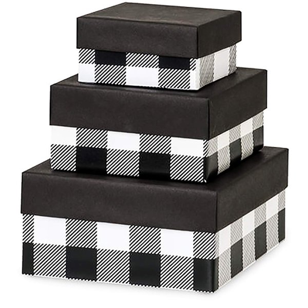 Made in USA Recycled Paper Kraft Boxes – 3.25”, 4.25” & 5.25” – Nested Squared Boxes with Lids (Small Set of 3 - Black Buffalo Plaid)
