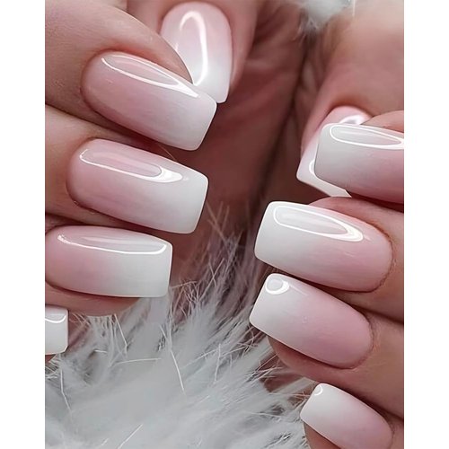 starzeniYi Press on Nails, French Square Press on Nails Medium, Reusable Artificial Fake Nails, Full Cover False Nails for Women and Girls Gift(Lotus Color）