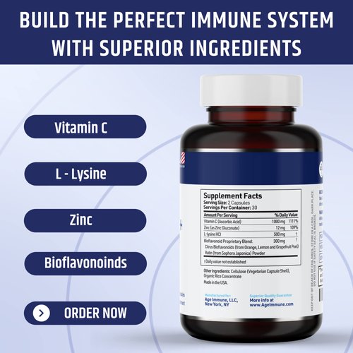 Vitamin C 1000mg Complex with L-Lysine 500mg, Zinc Gluconate 12mg, Bioflavonoids 300mg. Doctor Formulated Magnesium Stearate Free Supplements for Healthy Immune System Support. Two Bottles.(2)