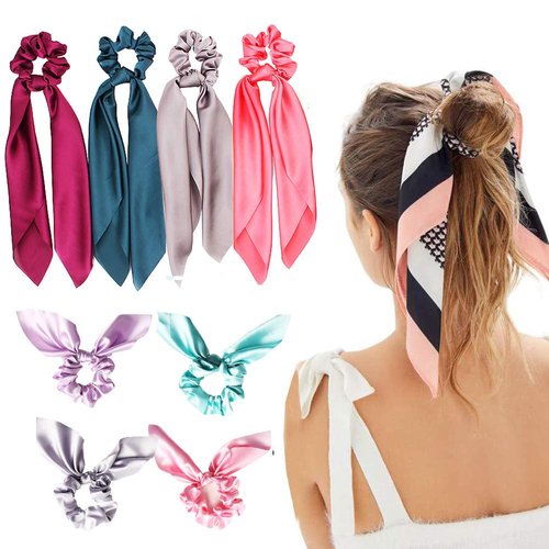 Solid Color Scrunchies Scarves Scrunchies Tropical Travel Style Elastic Hair Bands Hair Ties Rope Ponytail Holder Hair Accessories for Women and Girls (2 Styles in 1-B-Solid color)