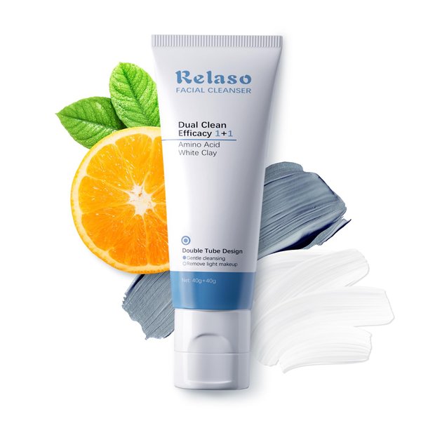 Relaso Hydrating Facial Cleanser, Dual-Tube Face Wash with Amino Acid & White Clay, Deep Clean for All Skin Type, Sunscreen Removal, Oil Control, Gentle Foaming, pH-Balanced, Unscented