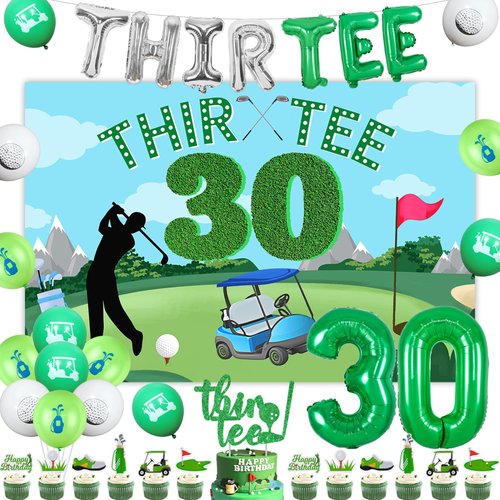 Kreatwow Golf 30th Birthday Party Decorations Green Thir Tee Backdrop Balloon Banner Cake Topper Golf Themed Cupcake Toppers for Golfer Fans Sports Themed 30th Birthday Party Supplies