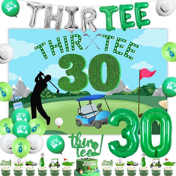 Kreatwow Golf 30th Birthday Party Decorations Green Thir Tee Backdrop Balloon Banner Cake Topper Golf Themed Cupcake Toppers for Golfer Fans Sports Themed 30th Birthday Party Supplies