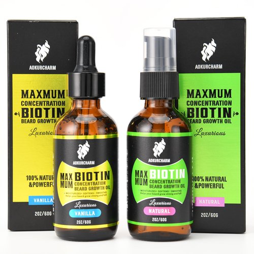 aokur 2 Pack Beard Growth Oil for Men – Vanilla & Unscented – High Strength Biotin Serum – Softens, Strengthens & Boosts Beard Growth – Gift Set for Father’s Day, Anniversaries & Christmas
