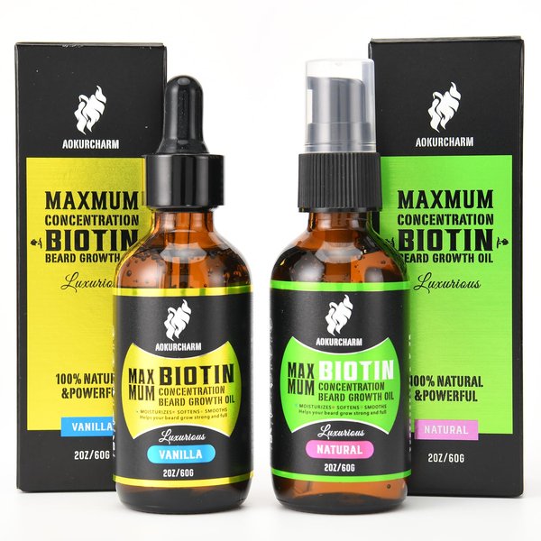 aokur 2 Pack Beard Growth Oil for Men – Vanilla & Unscented – High Strength Biotin Serum – Softens, Strengthens & Boosts Beard Growth – Gift Set for Father’s Day, Anniversaries & Christmas