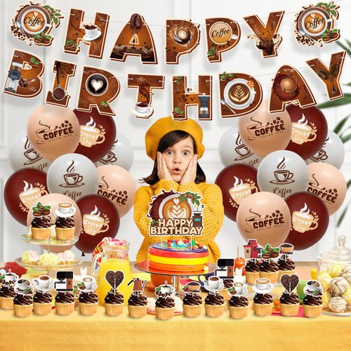 44 Pieces Coffee Party Supplies Includes Coffee Happy Birthday Banner Cake Topper Cupcake Toppers Balloons Classic Coffee Themed Party for Adult Coffee Lovers Birthday Party Decorations