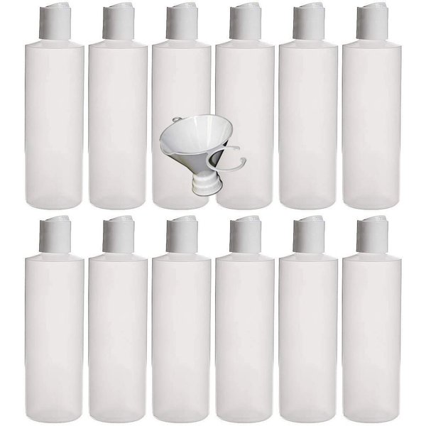 Earth's Essentials 12 Pack Of Refillable Eight Ounce. Squeeze Bottles With One Hand Press Cap Dispenser Tops-Great For Dispensing Lotions, Shampoos and Massage Oils.