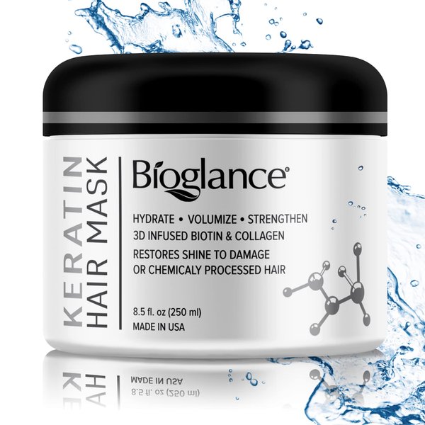 Bioglance Keratin Hair Mask | Quick Repair | Restore Shine & Volume | Efficient Formula with Biotin & Collagen | Hydrates Volumizes & Strengthens | Made in USA