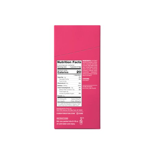 Cure Hydration | Plant-Based Electrolyte Drink Mix | No Added Sugar | Dehydration Relief Powder Made with Coconut Water | Non-GMO | Vegan | Gluten Free | Box of 8 Packets - Tropical Punch