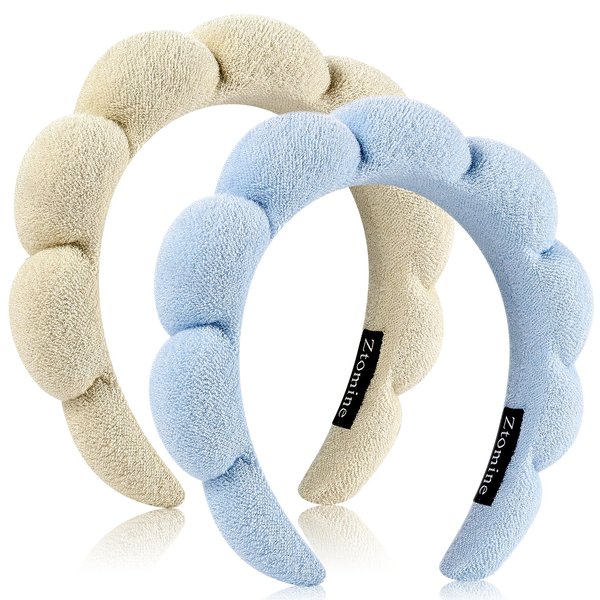 Ztomine Spa Headbands for Washing Face or Facial, Set of 2 Skincare Headbands, Terry Cloth Headband Face Wash Headband Combo Pack - Puffy Makeup Headbands for Face Washing, Mask(beige + blue)
