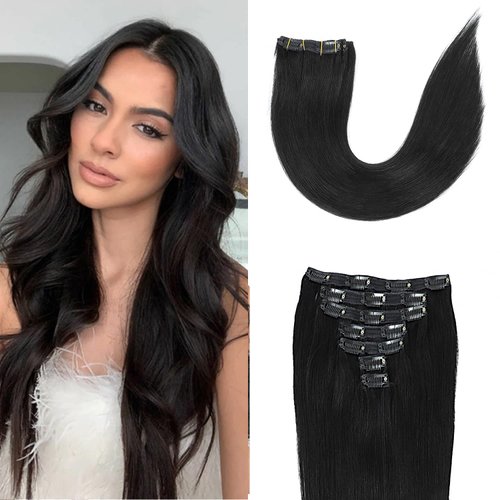 Clip in Hair Extensions Real Human Hair for Women Thick Remy Human Hair Extensions Brazilian Straight Human Hair Clip ins Natural Black Color 7pcs 20Inch 120g/set