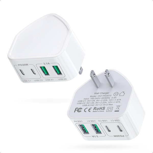 USB C Wall Charger, 2 Pack 40W Fast Charger Block Brick Cubes Plug, Type C Multiple Port Power Adapter for iPhone 16/15/14/13/12/11/Pro Max/XS/XR/8/7, Airpods, iWatch, iPad, Tablets, Cellphones