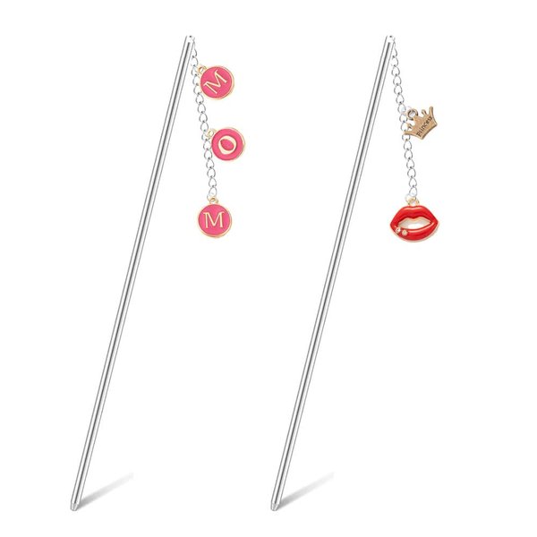 2pcs Mother's Day Theme Hair Sticks Mom Red Lips Hairpin Hair Comb Pendant Hair Updo Gift Accessories MGPFERD