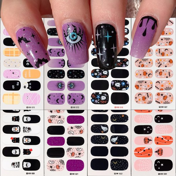8Sheets Halloween Gel Nail Stickers Cute Pumpkins Ghost Nail Polish Stickers Pumpkins Spider Nail Strips Decals Self Adhesive Horror Eye Full Wrap for Women Girls DIY Halloween Nail Stickers Manicure