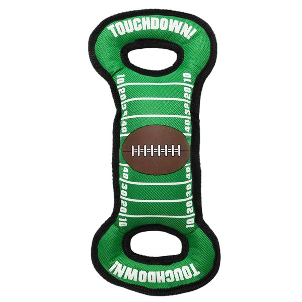 Pets First Football Field Dog Toy with Squeaker. for Tug, Toss, and Fetch. - Tough & Durable PET Toy, Nylon Field Toy, Blue/Gold