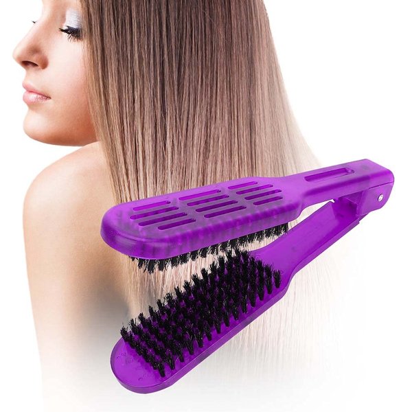 Double Sided Brush Hair Straightening Comb, Hair Straightening Comb Tool Splint V-Shape Tools Bristle, Hair Detangler Brush Hair Styling Tool For Reduce Split Ends Of Your Hair [Purple]