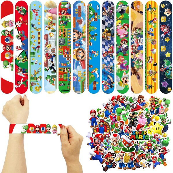 98 PCS Mario Party Favor Set, Mario Birthday Party Supplies Includes 48 PCS Slap Bracelets 50 PCS Stickers for Kids Birthday Party Decorations