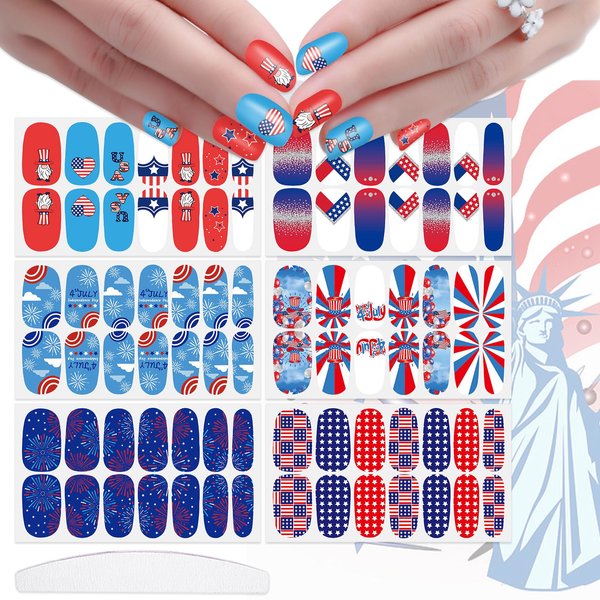 JERCLITY 6 Sheets 4th of July Nail Wraps for Women Independence Day Nail Polish Strips Patriotic Nail Strips Self-Adhesive Nail Stickers with Nail File for Memorial Day（4th of July-c）